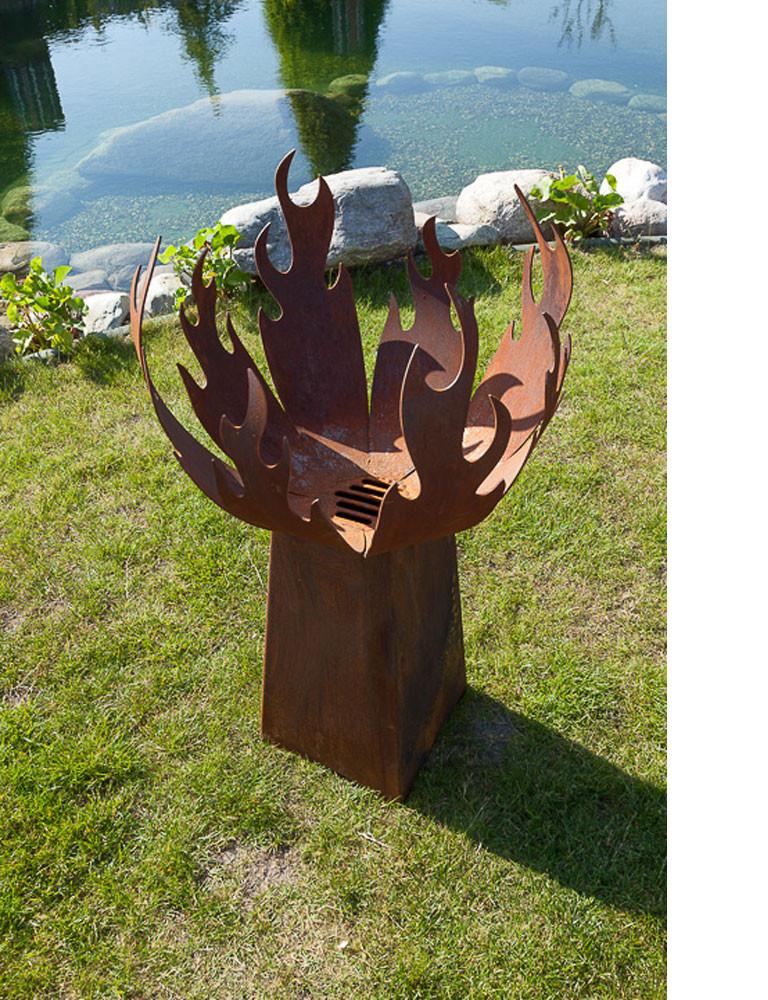 Outdoor Fire Pit - "Flame" - with angled pedestal - medium height - Art by Stefan Traloc