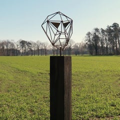 Outdoor Wire Sculpture - Wire Mask on a oxidised oak pedestal - unique ornament