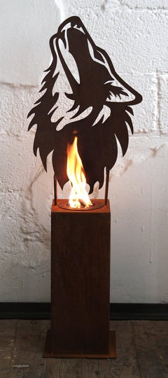 colonne en acier et torche de jardin - « Loup » - art unique fait à la main 