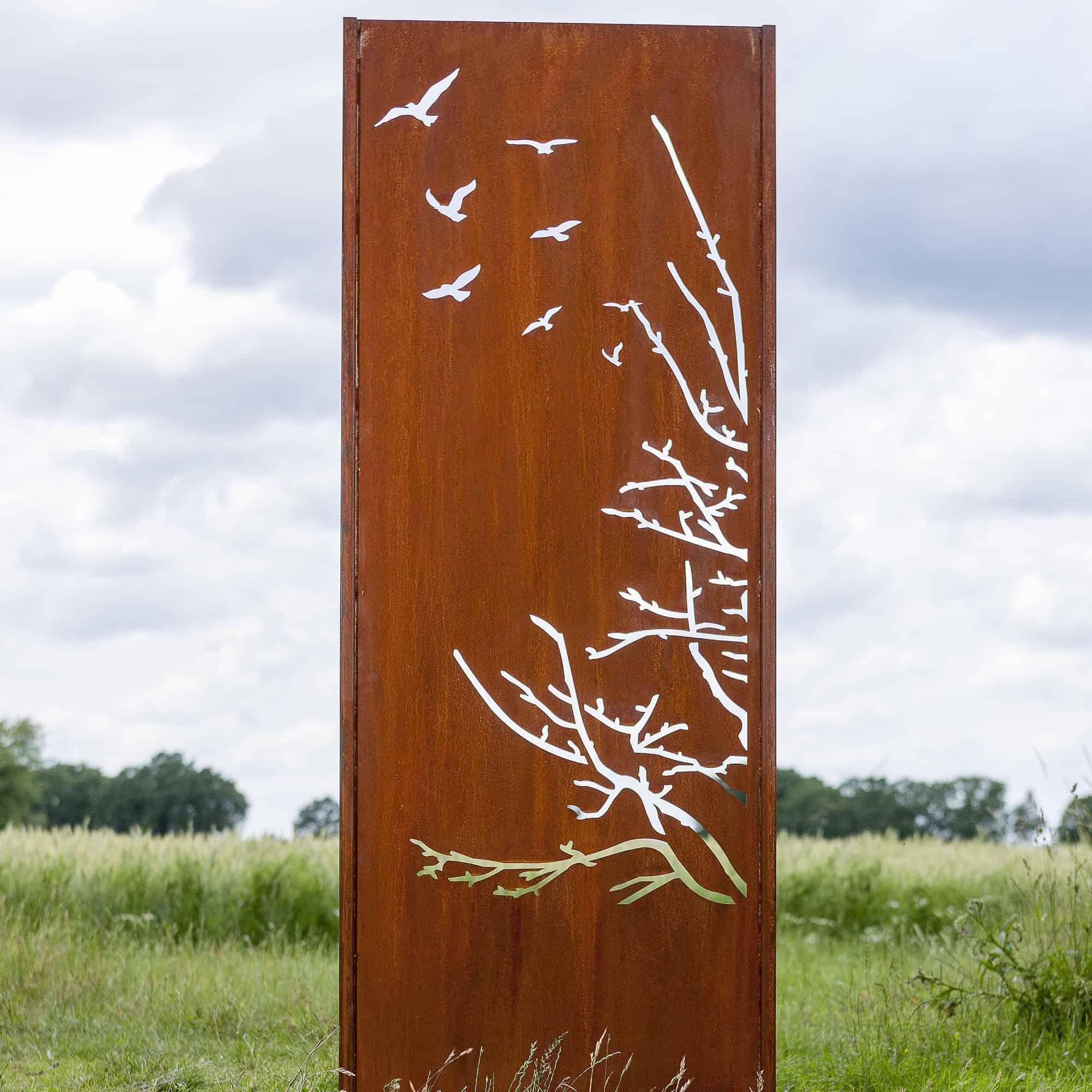 Steel Garden Wall - "Birds I" - Modern Outdoor Ornament - 75×195 cm - Mixed Media Art by Stefan Traloc