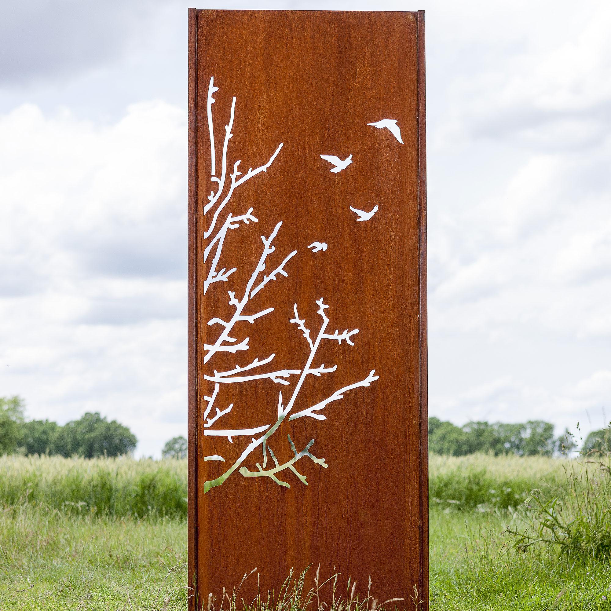 Steel Garden Wall - "Birds II" - Modern Outdoor Ornament - 75×195 cm - Sculpture by Stefan Traloc