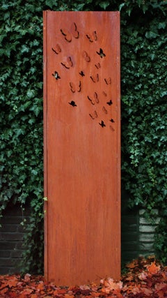 Steel Garden Wall - "Butterflys" - Modern Outdoor Ornament - 54x195 cm