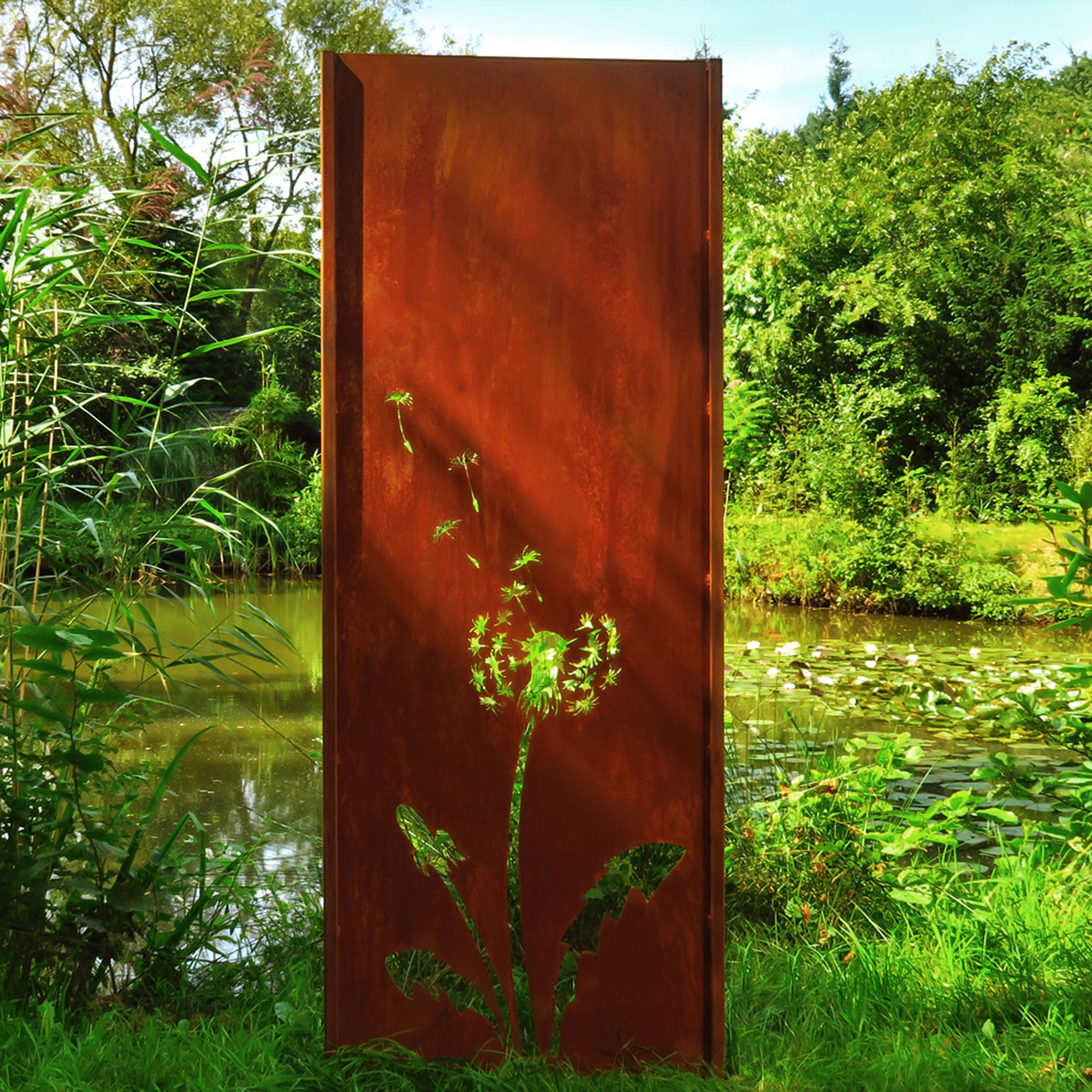 Mur de jardin en acier - "Dandelion clock_1" - Ornement d'extérieur moderne - 75×195 cm