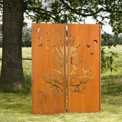 Mur de jardin en acier - "Diptyque d'oiseaux" - ornement d'extérieur moderne - 150×195 cm