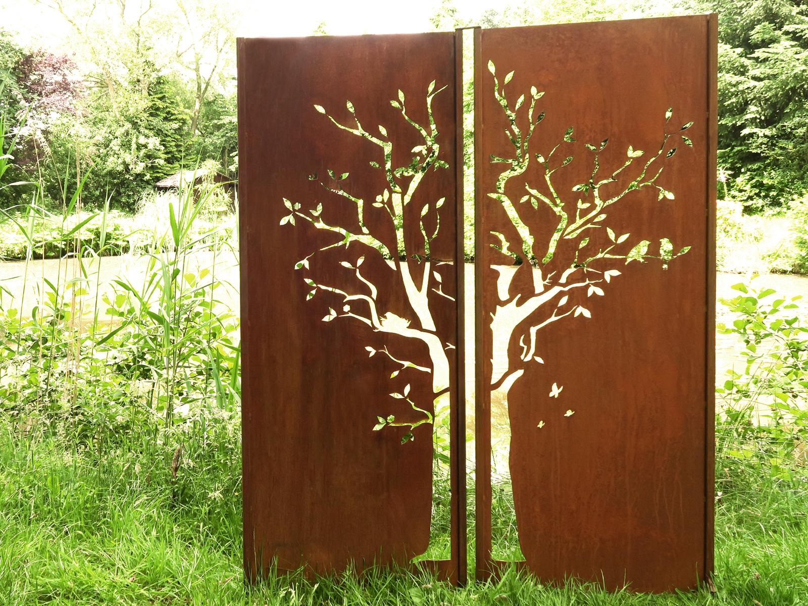 Steel Garden Wall - "Diptych Tree" - Modern Outdoor Ornament - 150 x 195 cm - Mixed Media Art by Stefan Traloc