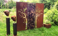 Steel Garden Wall - "Diptych Tree with Firewood Rack" - Outdoor Art - 205×195 cm