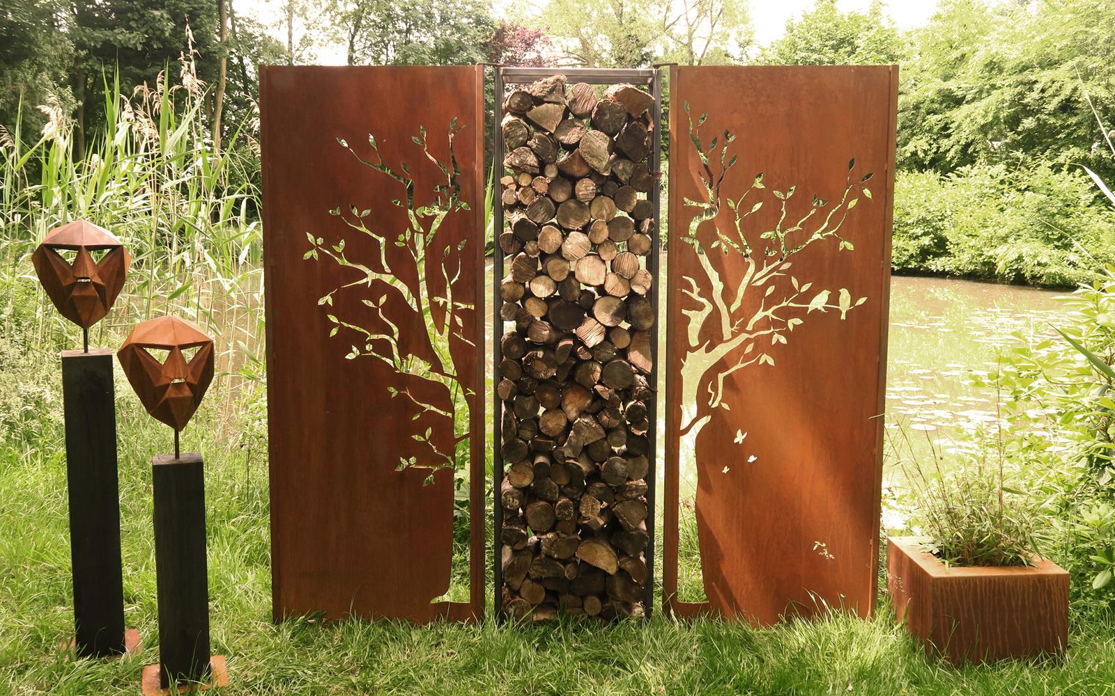 Steel Garden Wall - "Diptych Tree with Firewood Rack" - Outdoor Art - 205×195 cm