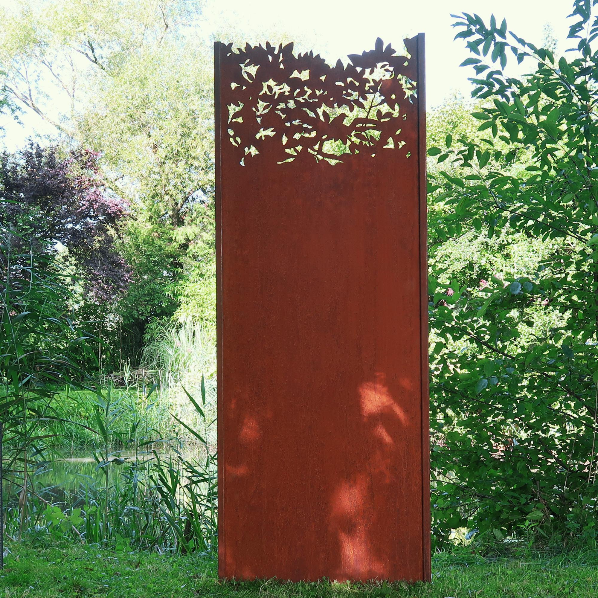 Steel Garden Wall - "Leaves 3" - Modern Outdoor Ornament - 75x195 cm - Mixed Media Art by Stefan Traloc