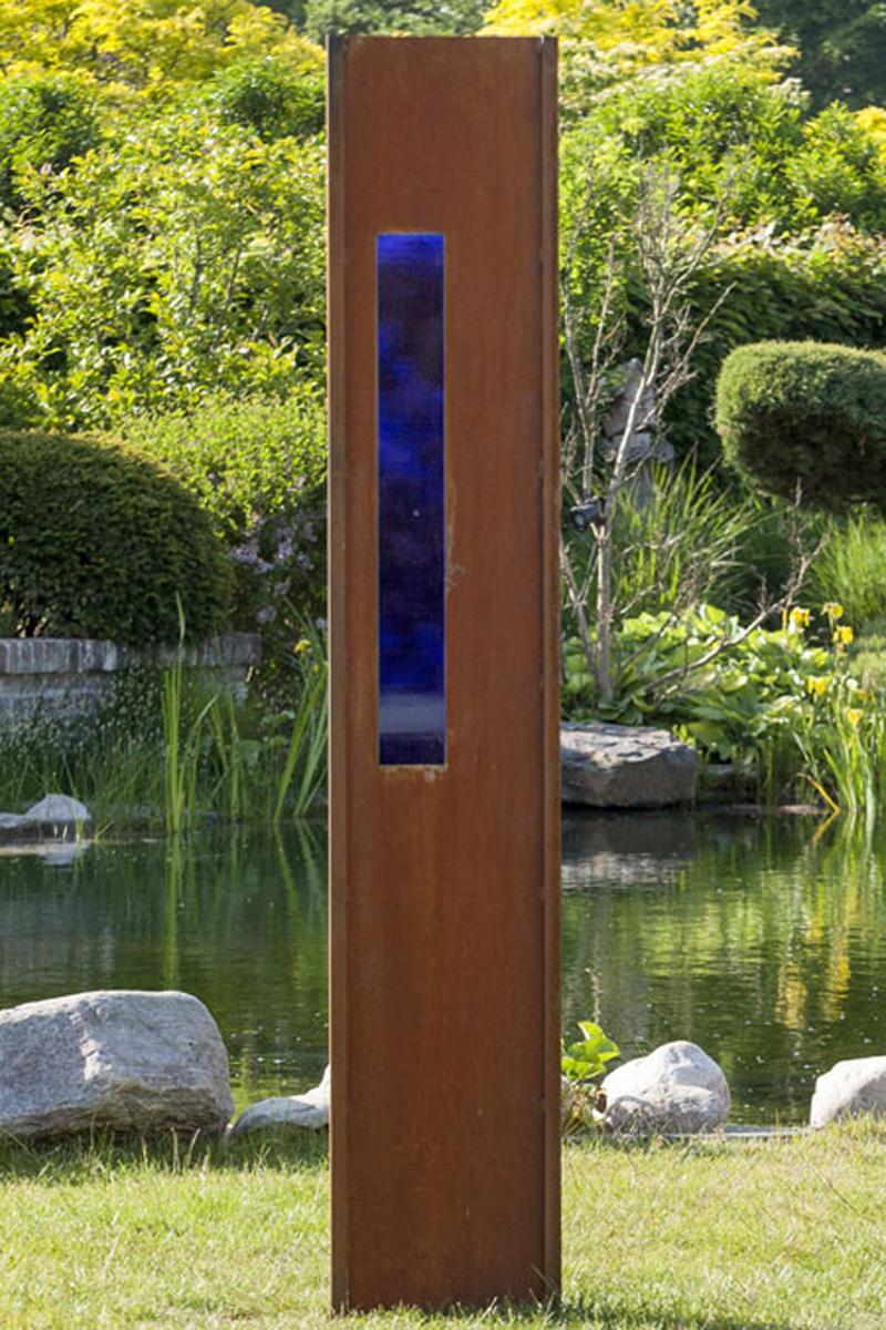 Muro de jardín de acero - "Rectangel azul" - Ornamento moderno de exterior - 35x195 cm - Mixed Media Art de Stefan Traloc