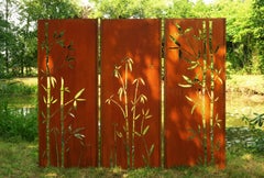 Steel Garden Wall - "Triptych Bamboo" - Modern Outdoor Ornament - 225×195 cm