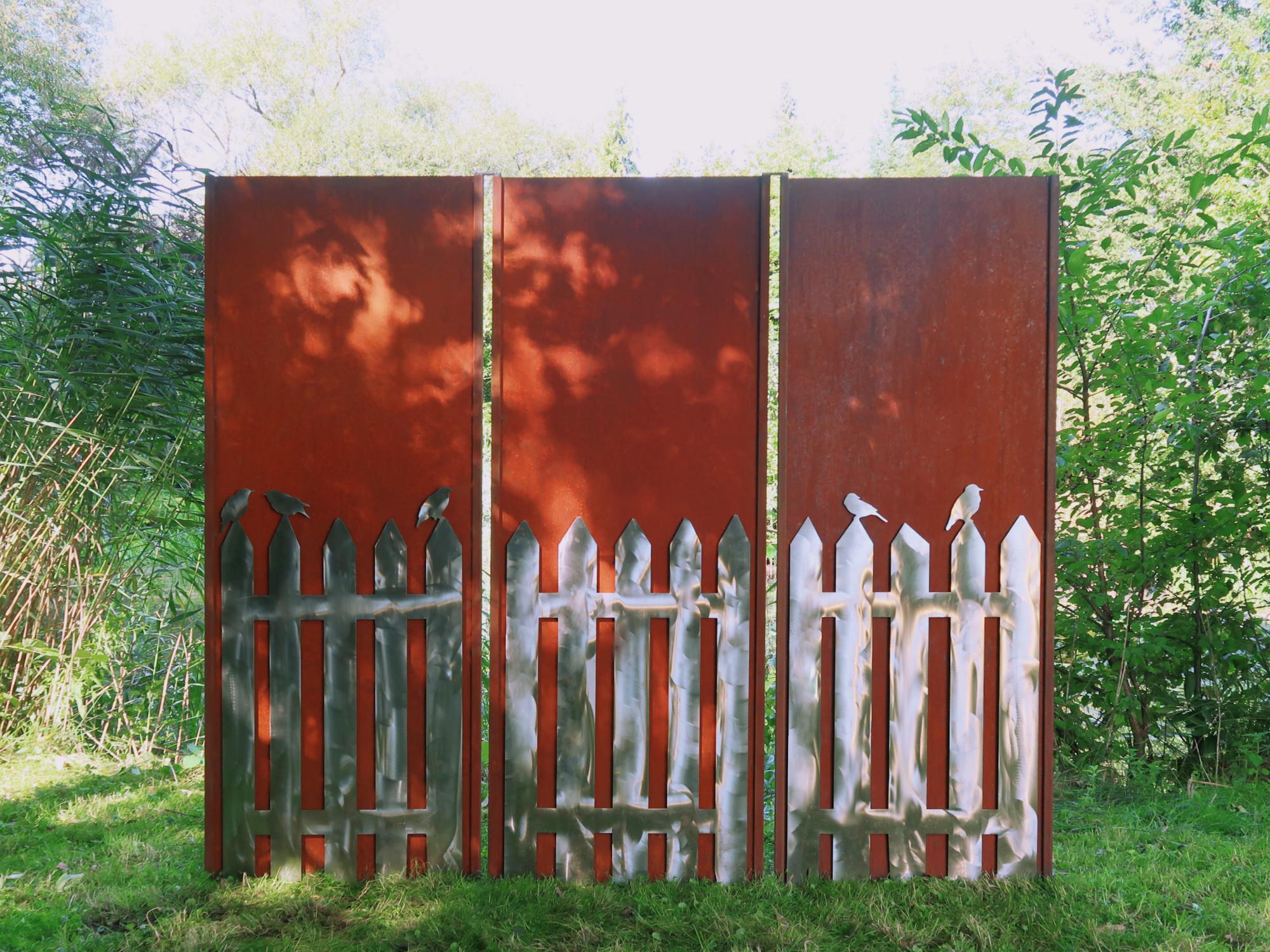 Muro de acero para jardín - "Tríptico San Valla" - Ornamento moderno para exterior - 225×195 cm
