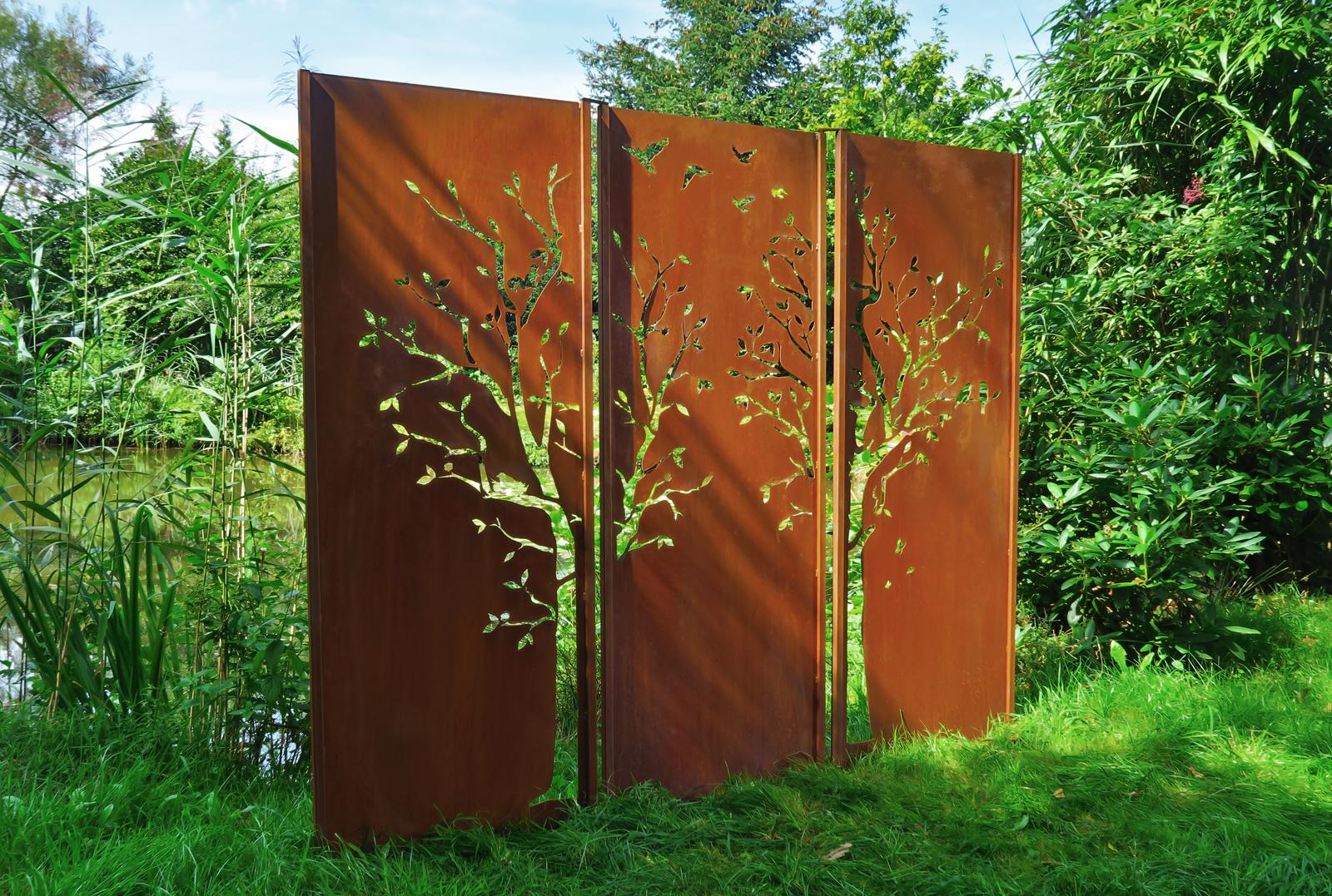 Mural de jardin en acier - « Triptyque Tree » - Ornement d'extérieur moderne - 225 x 195 cm - Art déco Sculpture par Stefan Traloc