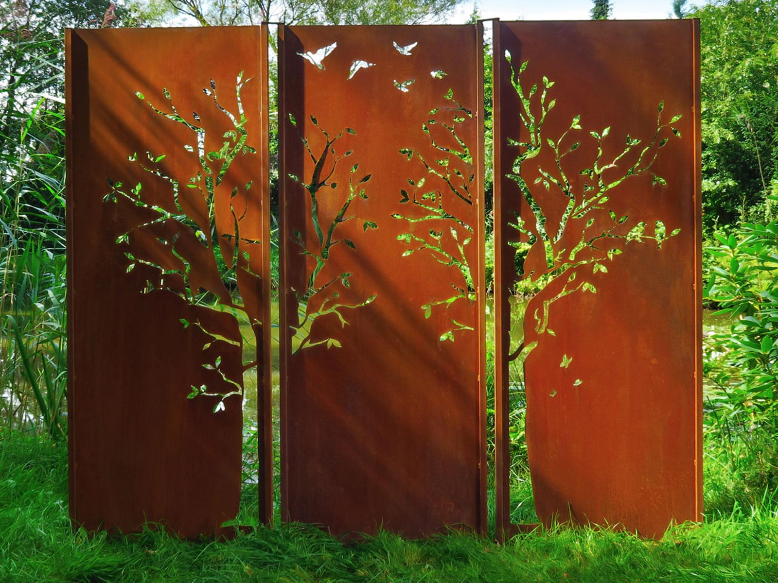 Mural de jardin en acier - « Triptyque Tree » - Ornement d'extérieur moderne - 225 x 195 cm - Sculpture de Stefan Traloc