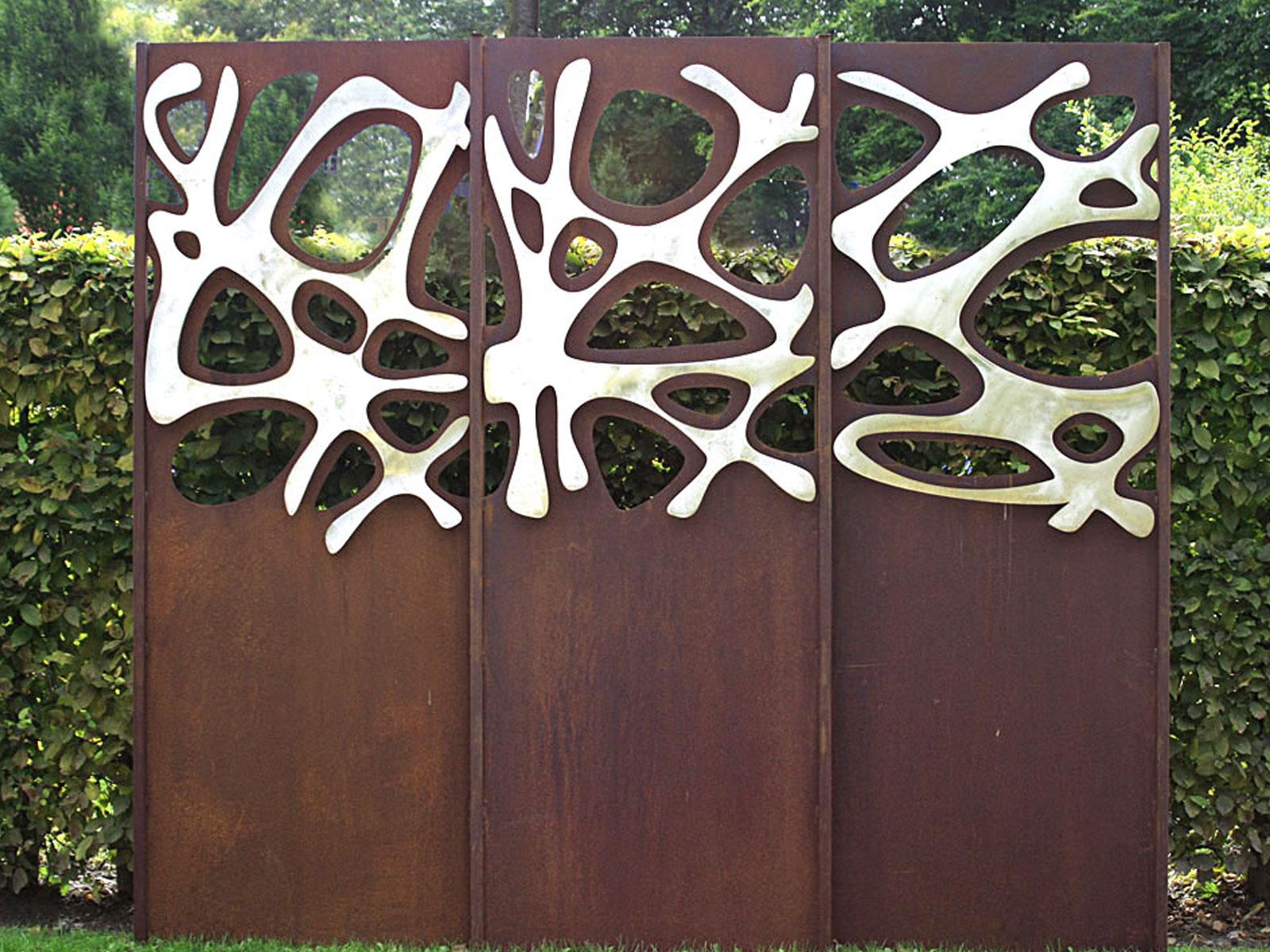 Steel Garden Wall - "Triptychon Stainless Steel" - outdoor ornament - 225×195 cm - Sculpture by Stefan Traloc