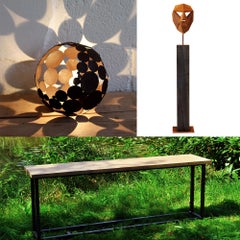 Total 3 art ornaments: Firewood bench, Globe Lamp Rustic, Polygon Sculpture Mask