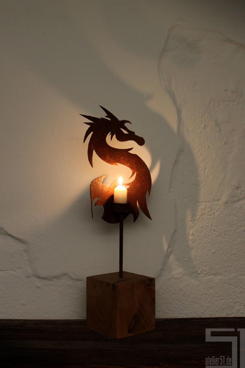 Unique Candle Holder - "Dragon" on a natural oak pedestal - Small Height - Mixed Media Art by Stefan Traloc