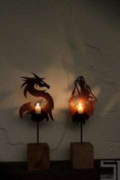 Unique Candle Holder - "Dragon" on a natural oak pedestal - Small Height