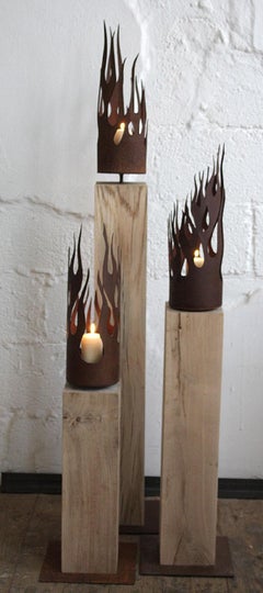 Unique Candle Holder - "Flames" on a natural oak pedestal - Medium Height