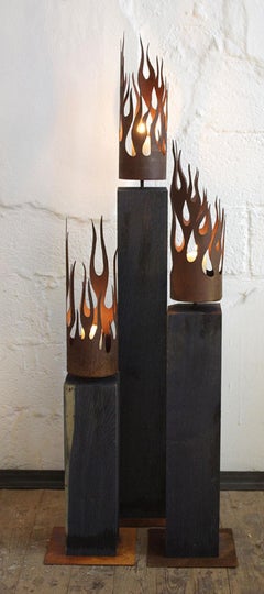 Unique Candle Holder - "Flames" on a oxidised oak pedestal - Medium Height