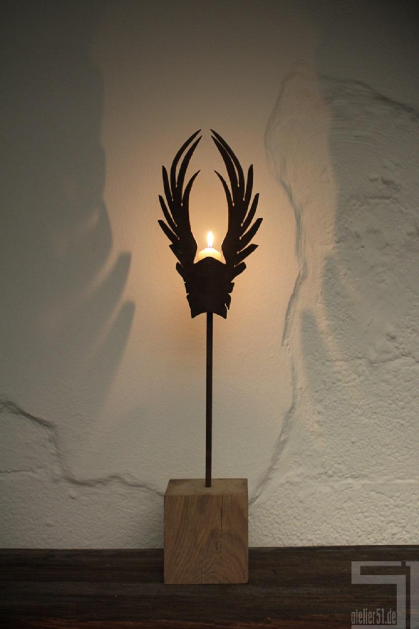 Unique Candle Holder - "Wings Bright" on a natural oak pedestal - Small Height - Sculpture by Stefan Traloc
