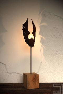 Unique Candle Holder - "Wings Dark" on a natural oak pedestal - Small Height