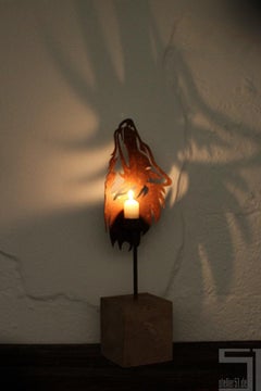 Unique Candle Holder - "Wolf" on a natural oak pedestal - Small Height