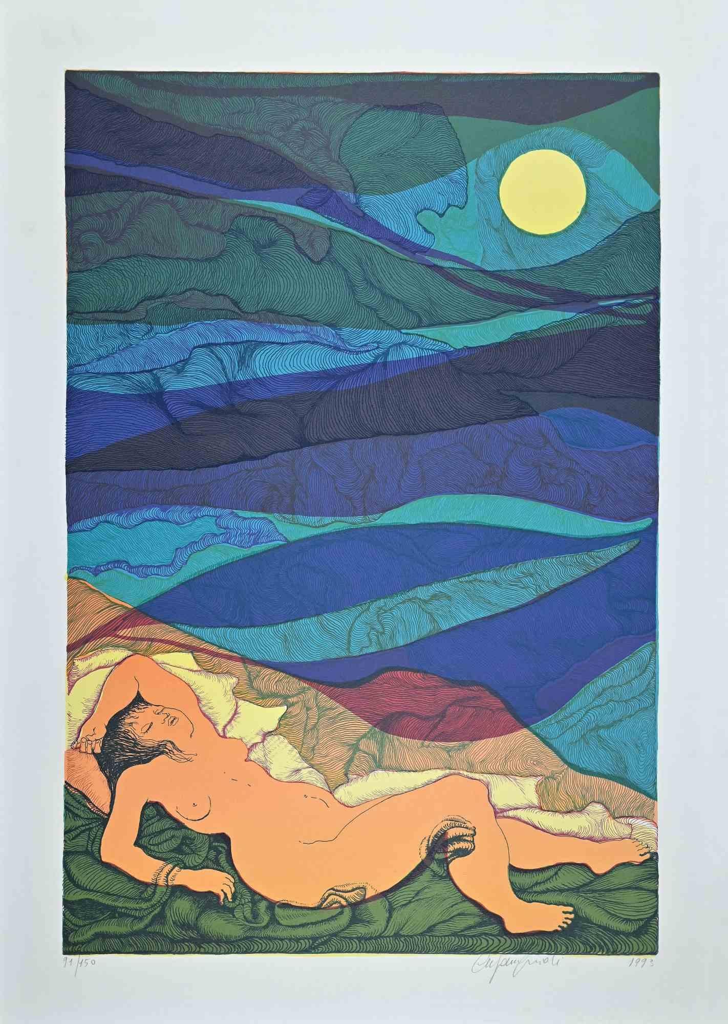 Escape is a beautiful colored lithograph realized by Stefania Guidi  in 1993.

Hand-signed in pencil on the lower right margin. Dated on the lower right. Numbered on the lower left. Edition 91/150.

Original title: Fuga.

This contemporary original