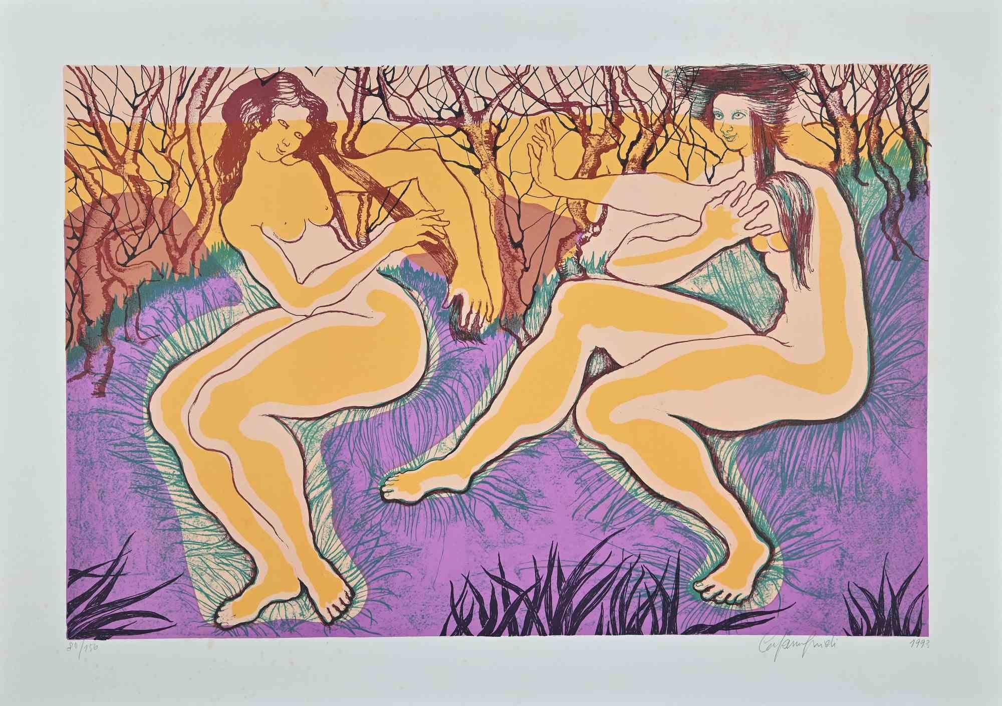 Ninfe in Forest is a beautiful colored lithograph realized by Stefania Guidi in 1993.

Hand-signed in pencil on the lower right margin. Dated on the lower right. Numbered on the lower left. Edition of 150.

Good conditions with a cutting on the