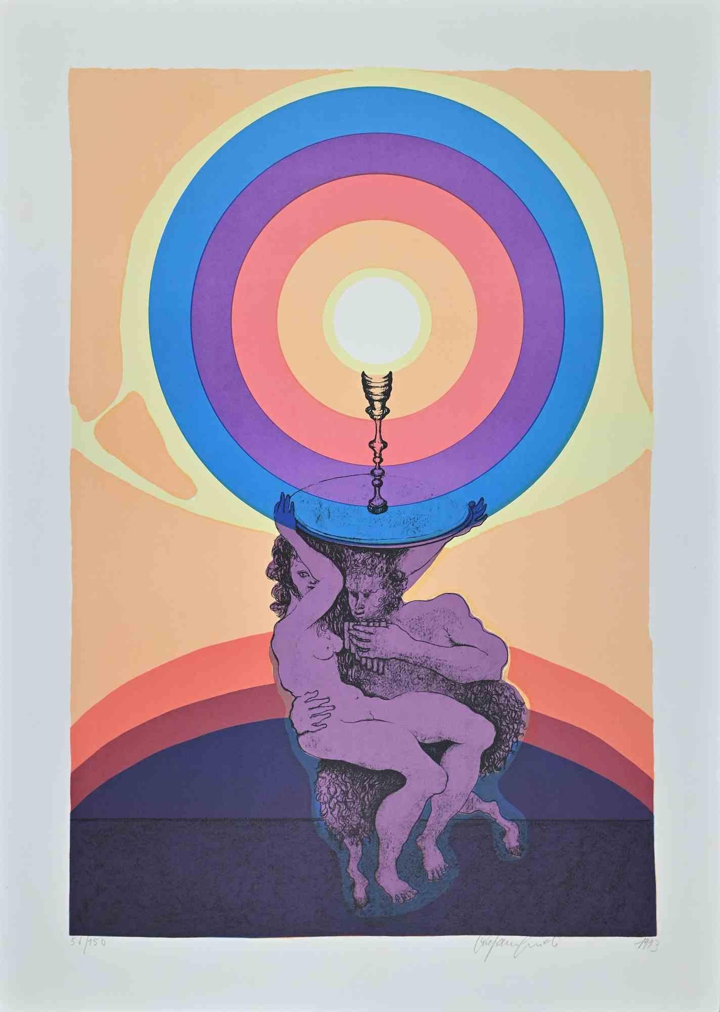The Love is a beautiful colored lithograph realized by Stefania Guidi  in 1993.

Hand-signed in pencil on the lower right margin. Dated on the lower right. Numbered on the lower left. Edition 56/150.

Original title: "Amore".

Good