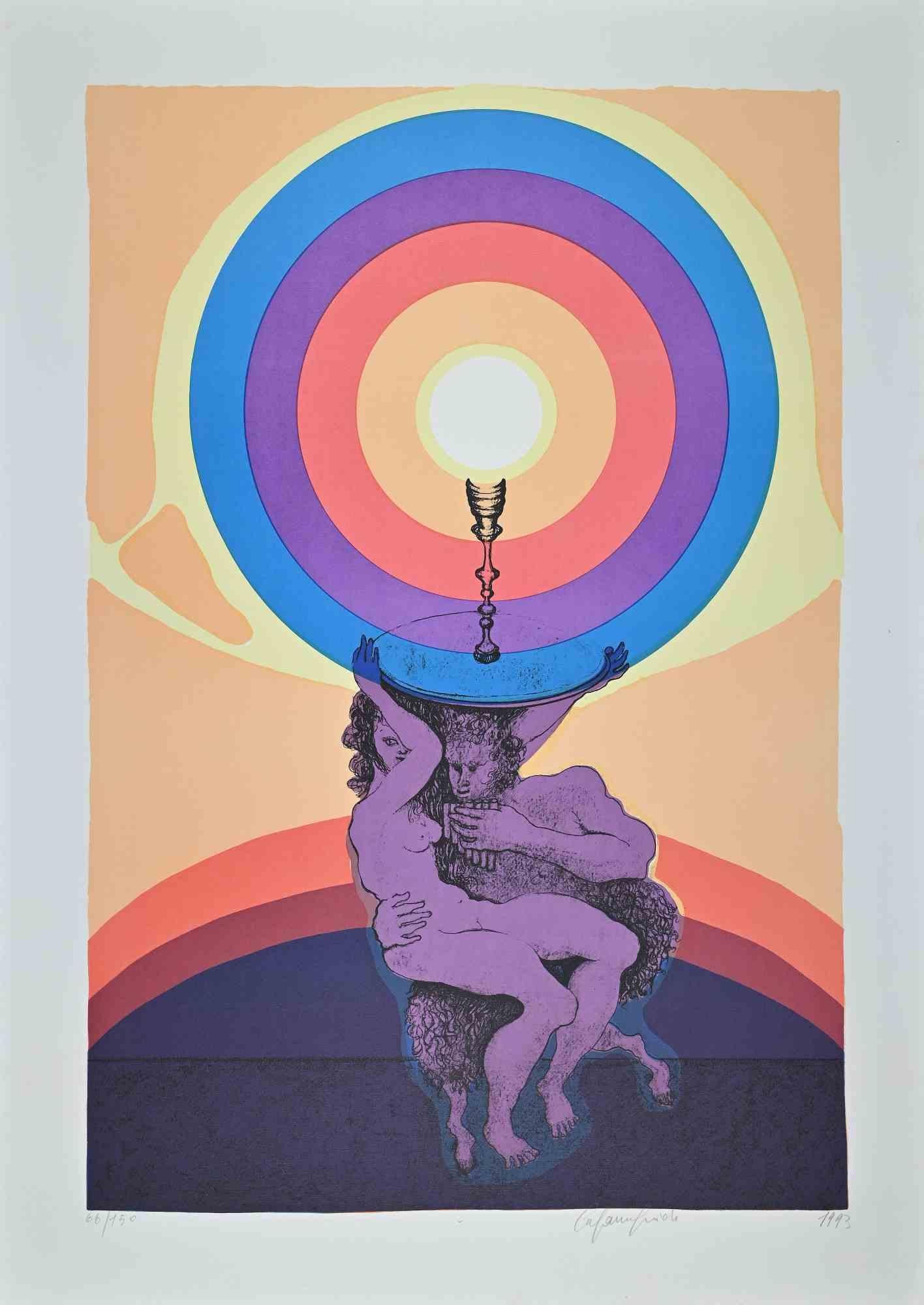 The Love is a beautiful colored lithograph realized by Stefania Guidi  in 1993.

Hand-signed in pencil on the lower right margin. Dated on the lower right. Numbered on the lower left. Edition 66/150.

Original title: "Amore".

Good conditions with