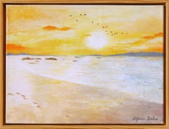 Un dipinto di paesaggio impressionista in acrilico e inchiostro su tela, "Canzone al tramonto".