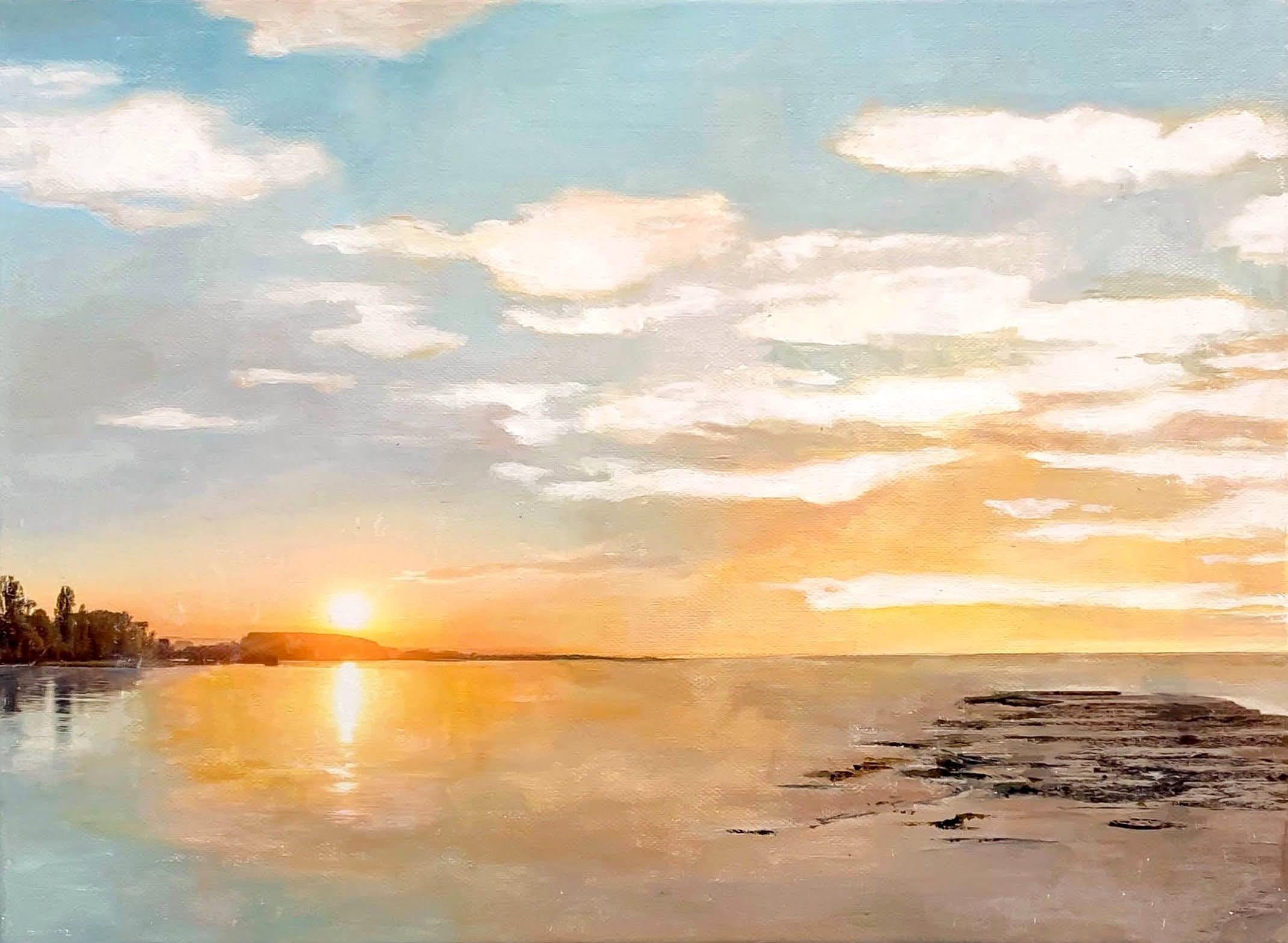 Landscape Painting de Stefanie Bales - Un paisaje impresionista de acrílico y tinta sobre lienzo, "El sereno dorado"
