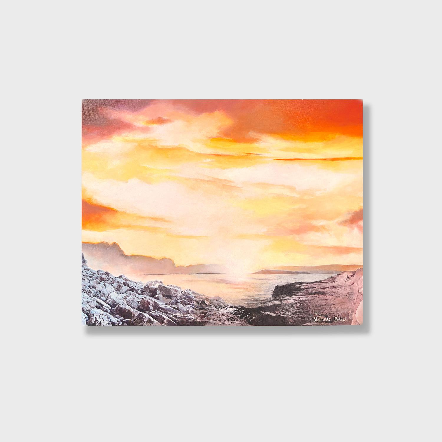 Stefanie Bales Landscape Painting – Impressionistisches Gemälde in Acryl und Tinte auf Leinwand, „Goldener Horizont“, Gemälde