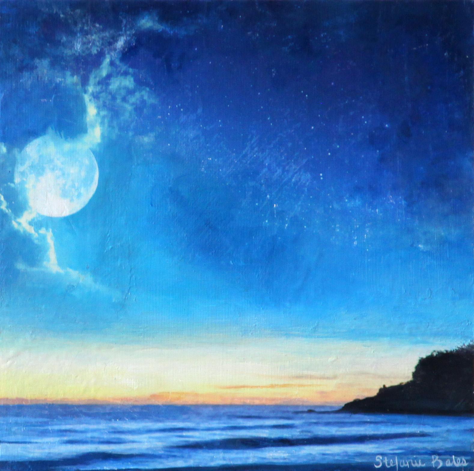 Landscape Painting de Stefanie Bales - Un paisaje marino impresionista de acrílico y tinta sobre madera, "Colgar la luna"