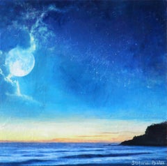 The Impressionist Acrylic & Ink on Wood Seascape Painting, "To Hang the Moon" (Accrocher la lune)