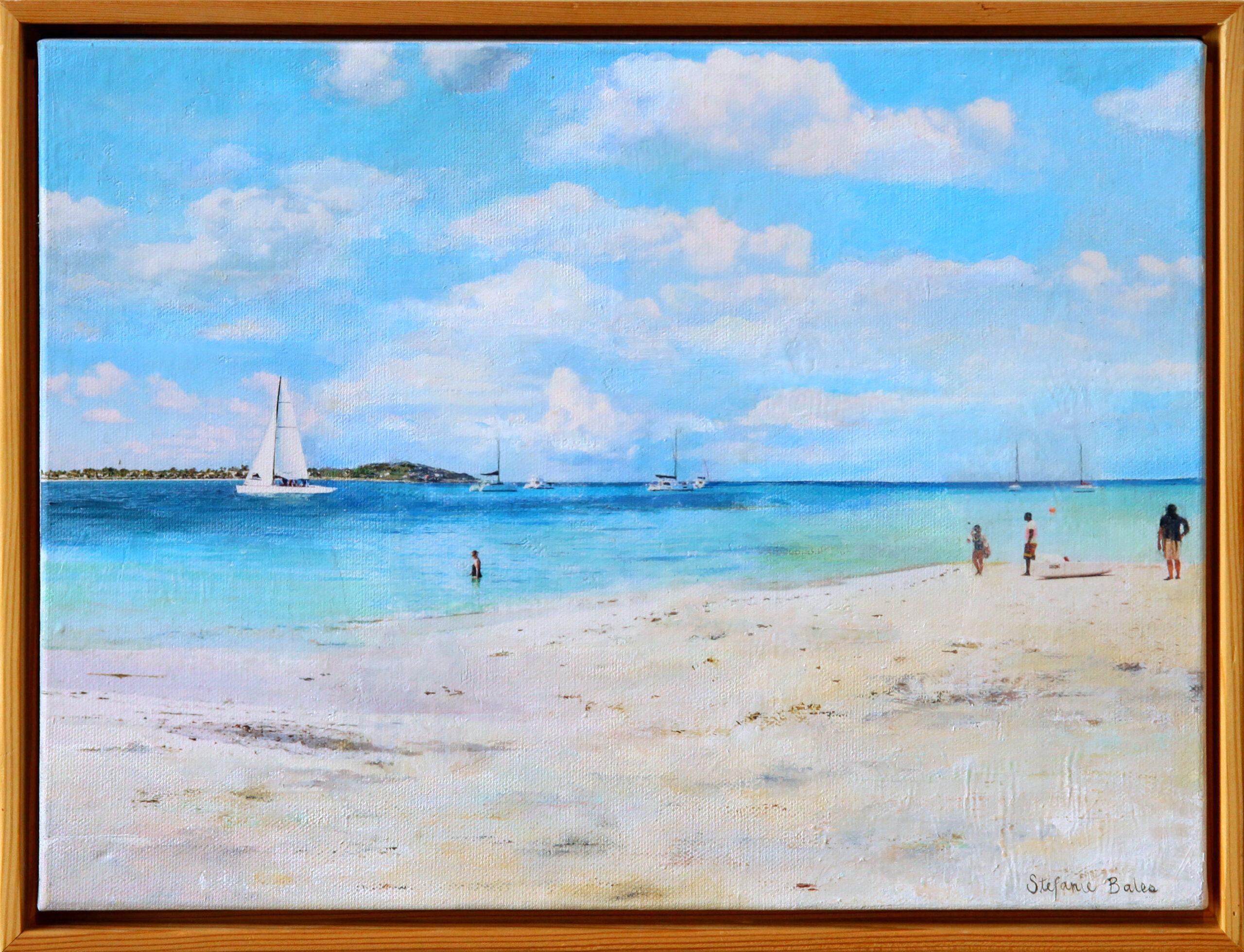Landscape Painting de Stefanie Bales - Pintura impresionista en acrílico y técnica mixta sobre lienzo, "Mediodía junto al mar"