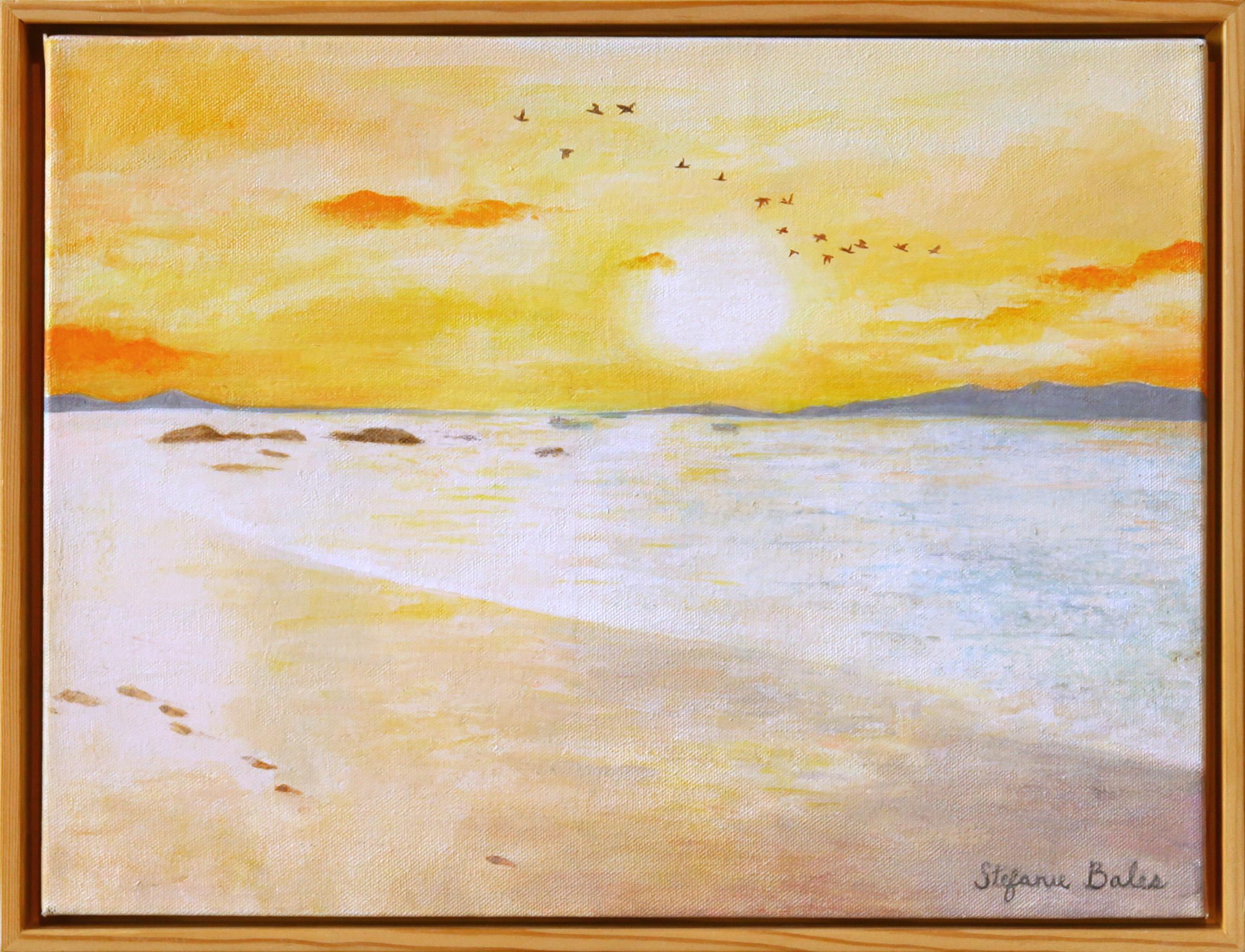 Landscape Painting de Stefanie Bales - Un paisaje marino impresionista en acrílico y técnica mixta sobre lienzo, "Llevar el sol"