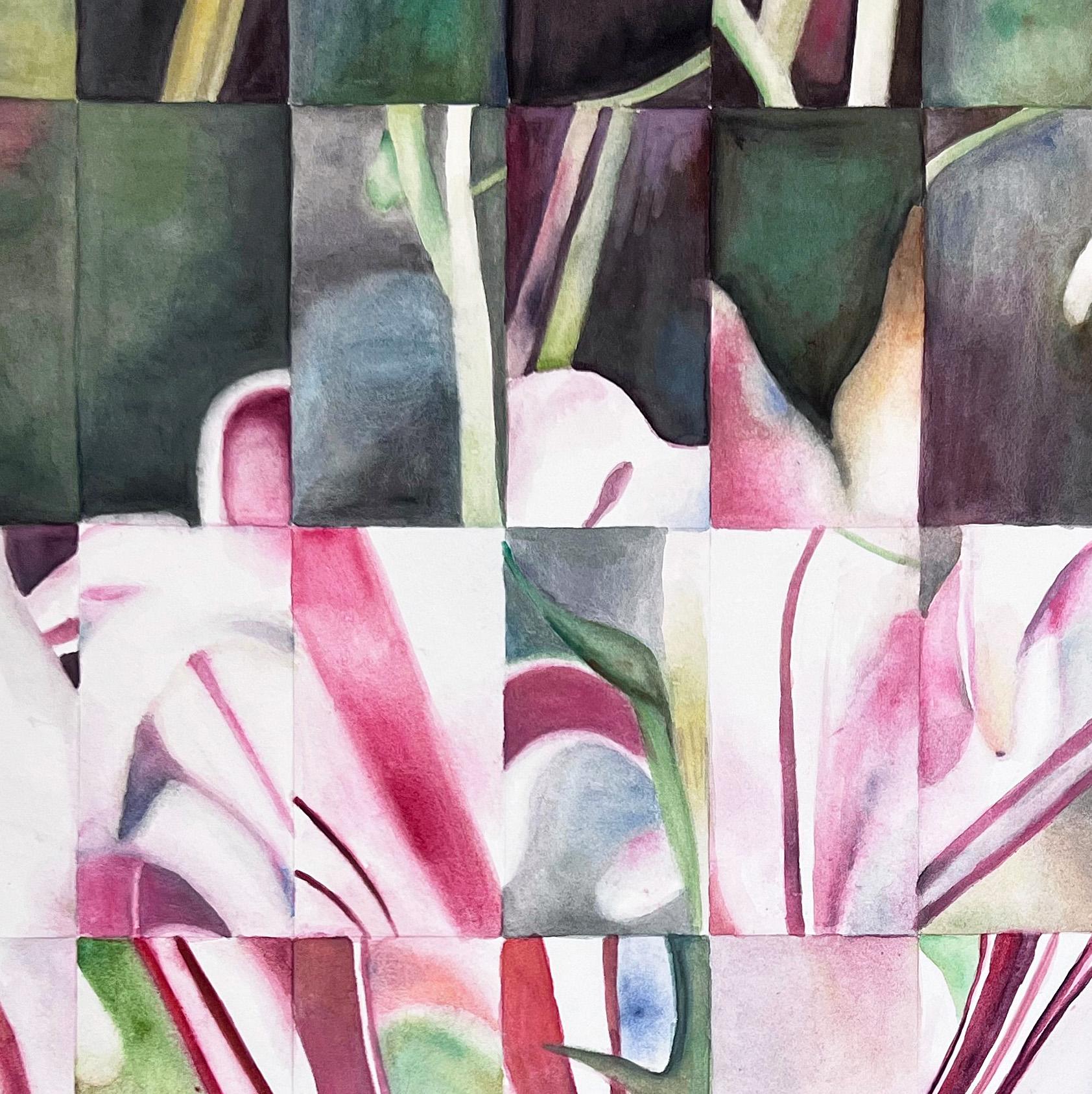 This is a one of a kind original watercolor on BFK paper painting by San Diego artist, Stefanie Bales. 
Its dimensions are 24x36 inches. It is matted and framed. 

The artist has depicted lilies in cubist style by distorting the image into blocks.