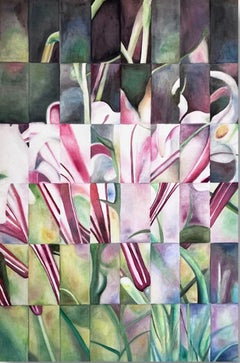Cubist Floral Watercolor Painting, "Garden Lilies"