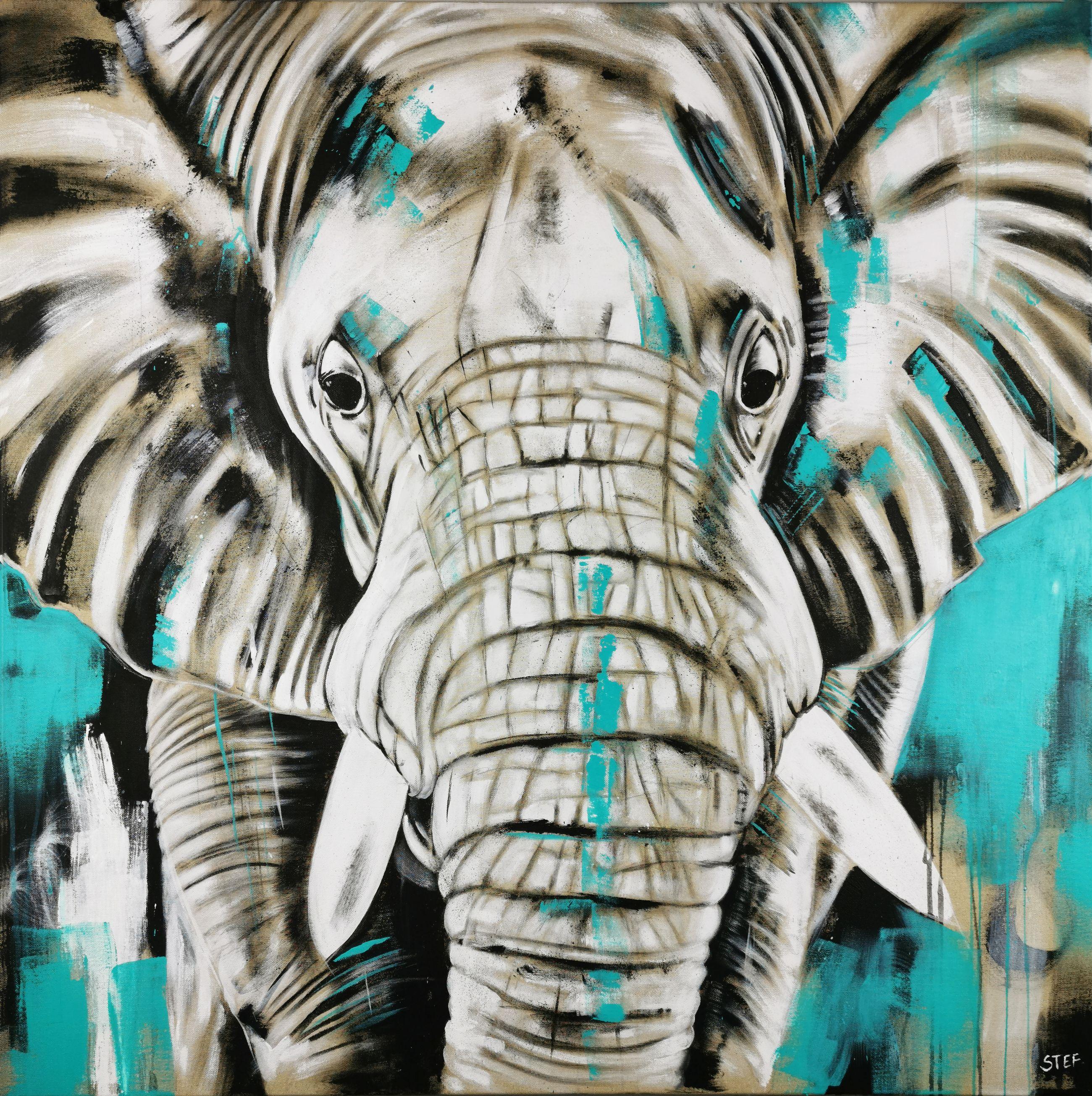 ELEPHANT #24 is an expressive painting of a close up elephant head.    Splashing Colors in black, white and tourquise on raw canvas.    100 x 100 cm    â€žNo one in the world needs an elephant tusk, but an elephant.â€  This work is created in the