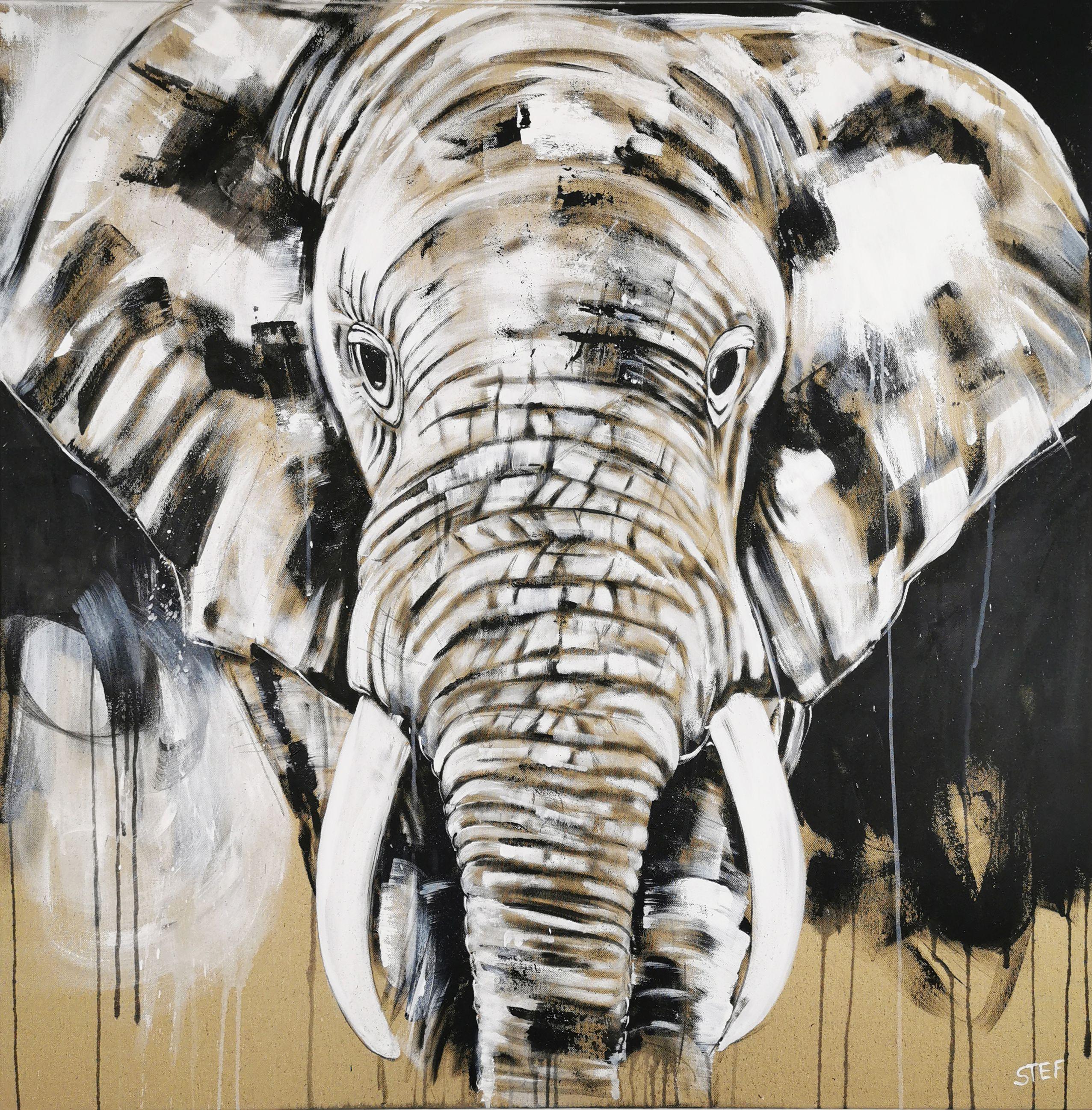 ELEPHANT #26 is an expressive painting of a close up elephant head.    Splashing Colors in black, white on raw canvas.  The monochrome color in combination with the soft tone of the canvas develops has a special charm.    100 x 100 cm    â€žNo one
