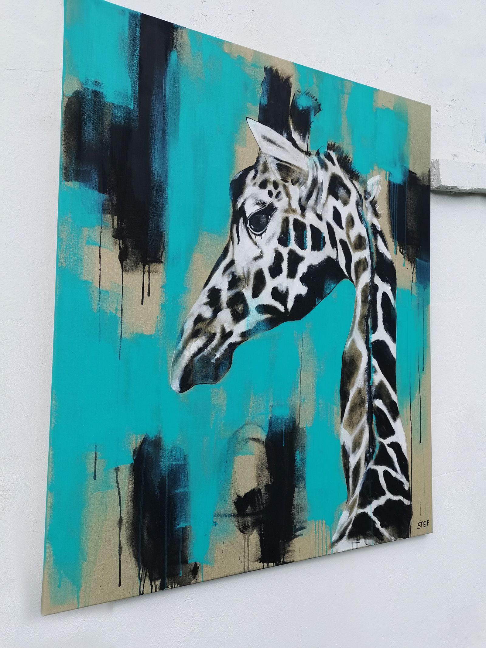 GIRAFFE is an expressive painting of a close up Giraffehead.    Splashing Colors in black, white and turquoise on raw canvas.  The monochrome color in combination with the soft tone of the canvas develops has a special charm.    100 x 120 cm     