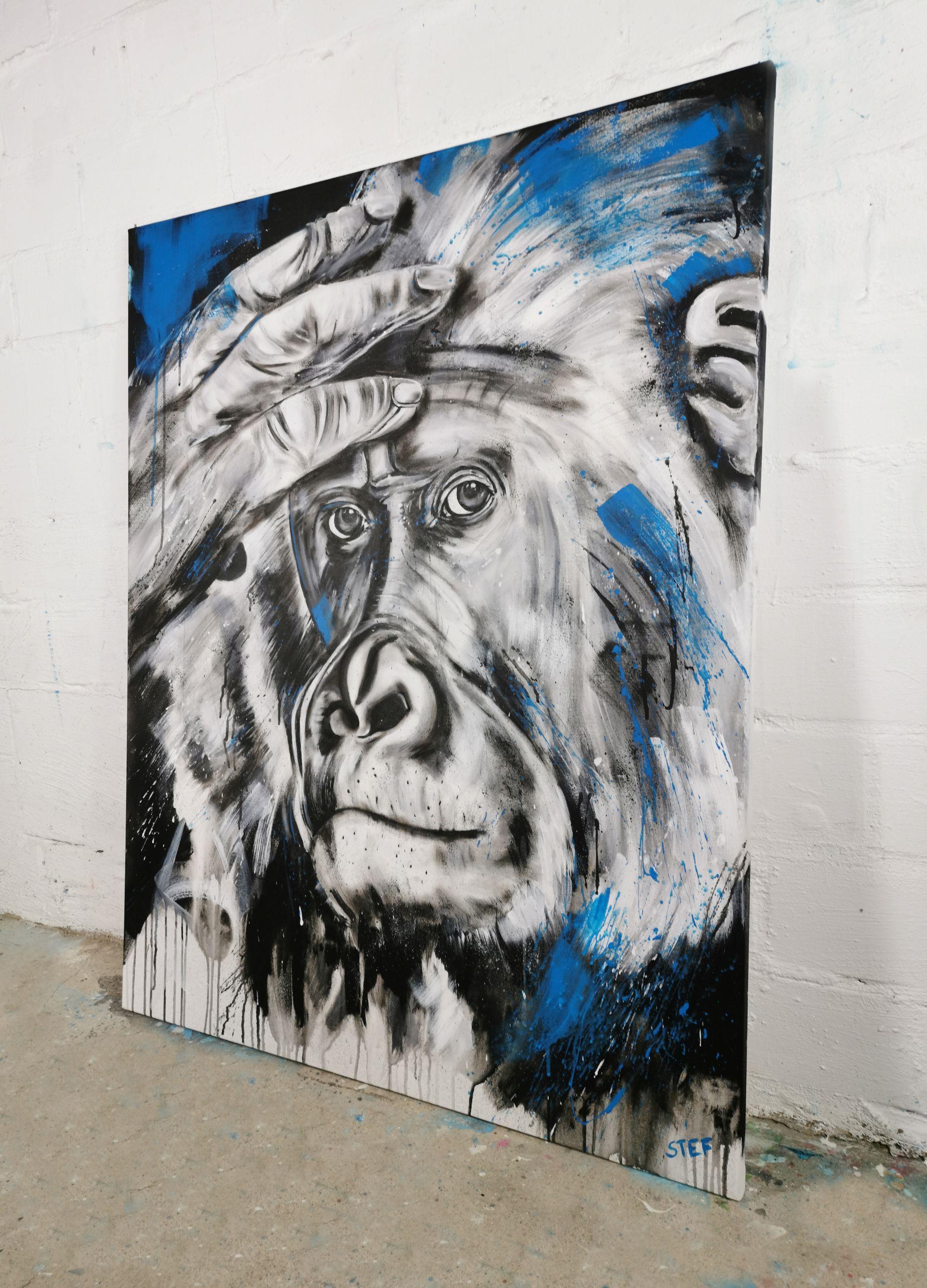   GORILLA #2' is an expressive painting of a close up Gorilla head.    Splashing Colors in black and blue on canvas.    80 x 100 cm    ************************************************************************************  â€žGorillas are the largest