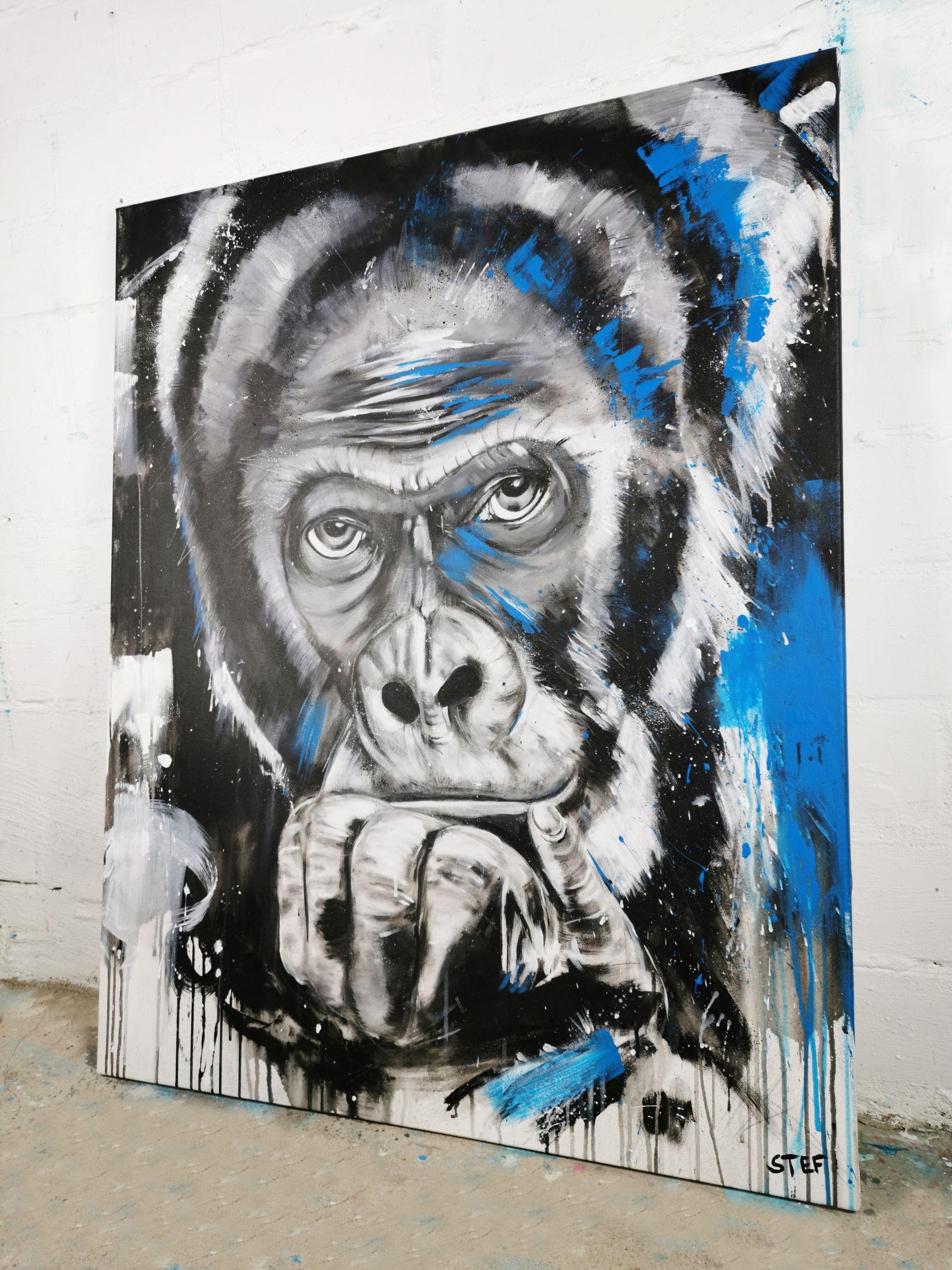 GORILLA' is an expressive painting of a close up Gorilla head.    Splashing Colors in black and blue on canvas.    80 x 100 cm    ************************************************************************************  â€žGorillas are the largest great