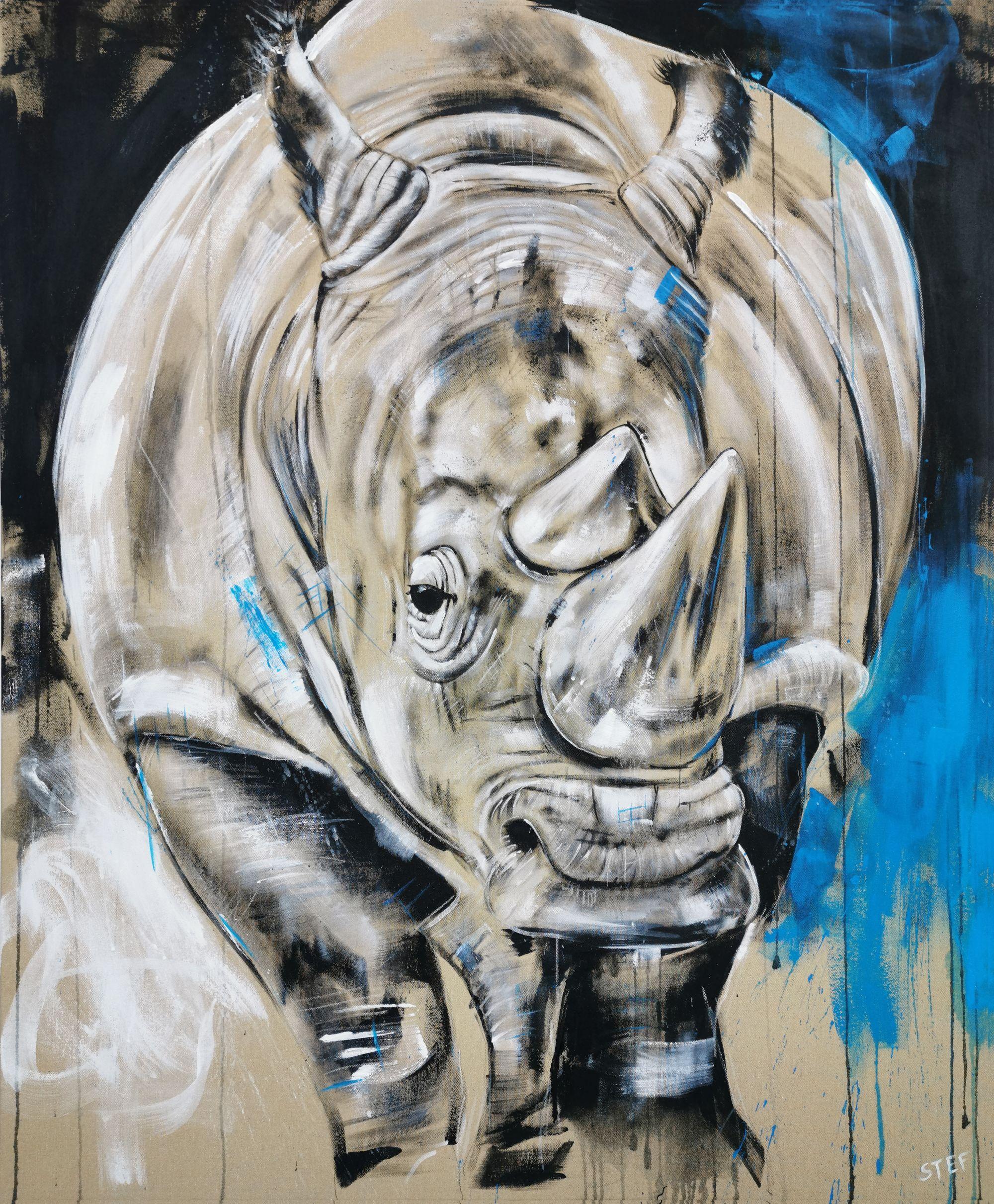 RHINO #4 is an expressive painting of a close up rhino head.    Splashing Colors in black, white and blue on raw canvas.  The monochrome color in combination with the soft tone of the canvas:    100 x 120 cm    â€žNo one in the world needs a rhino
