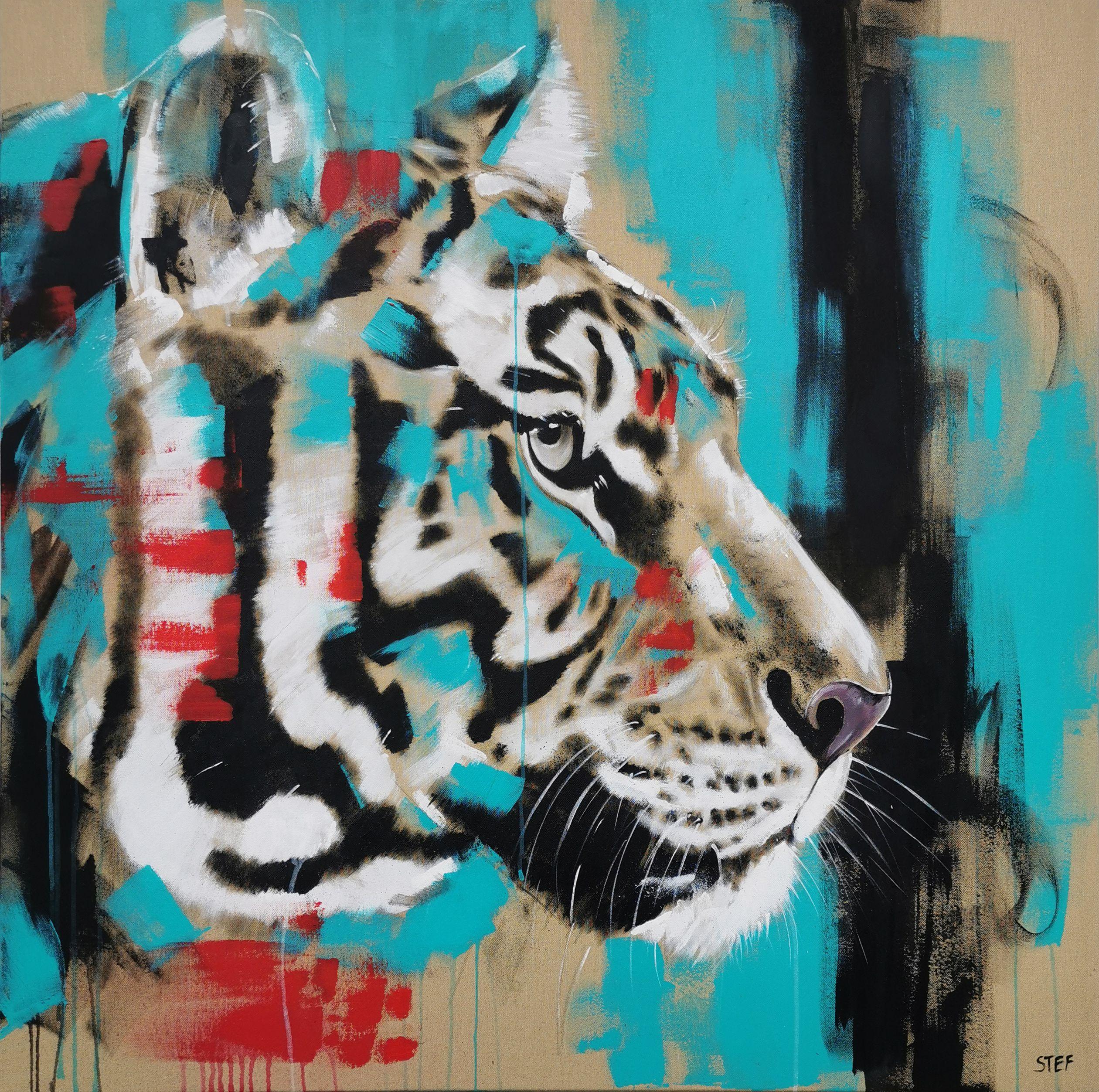 TIGER #11 is an expressive painting of a close up Tiger head.    Splashing Colors in black, red, turquoise, white on raw canvas.      100 x 100 cm      â€žThe life of the last free-living tigers is still in danger. Tiger products continue to be