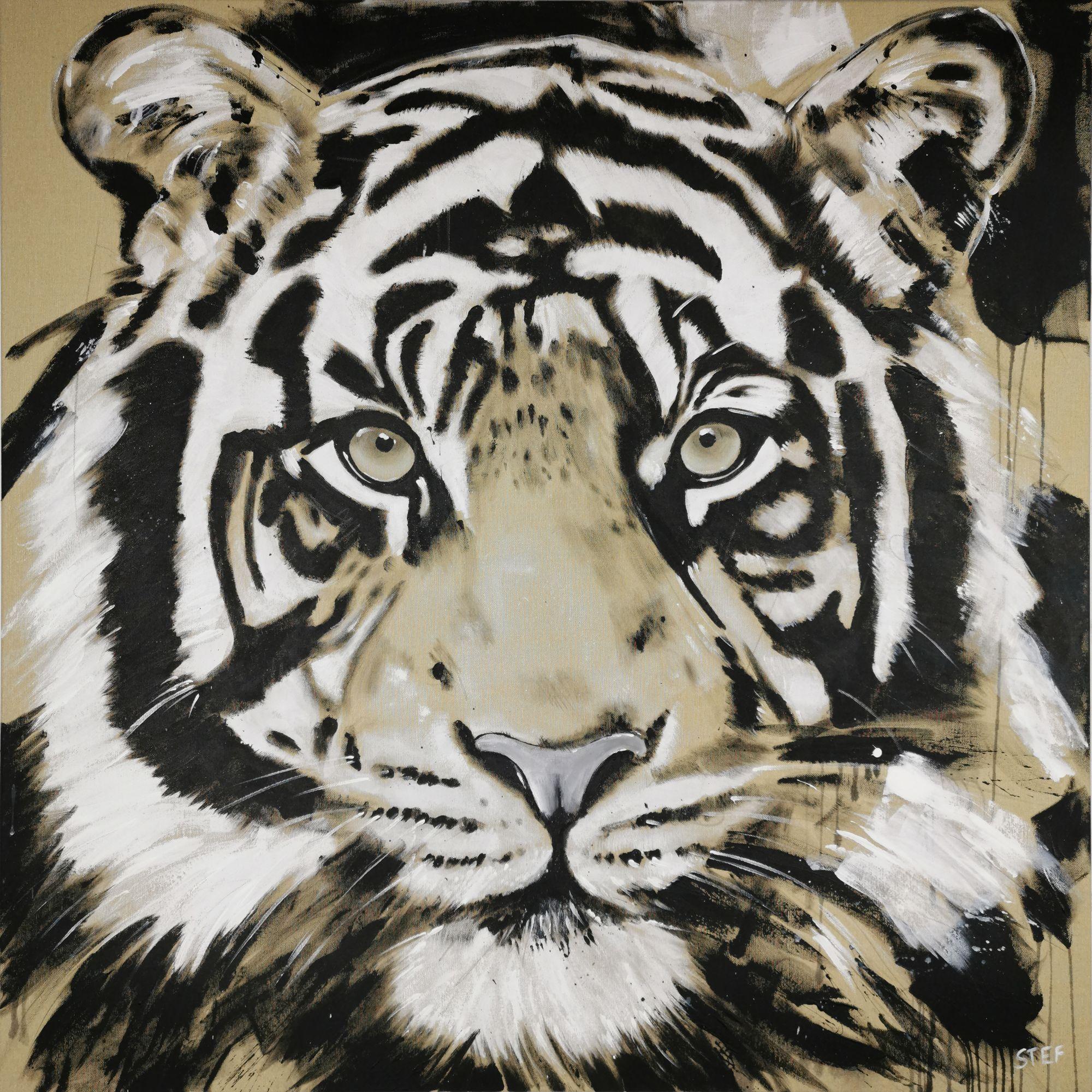 TIGER #5 is an expressive painting of a close up Tiger head.    Splashing Colors in black, white on raw canvas.  The monochrome color in combination with the soft tone of the canvas develops has a special charm.    100 x 100 cm      â€žThe life of