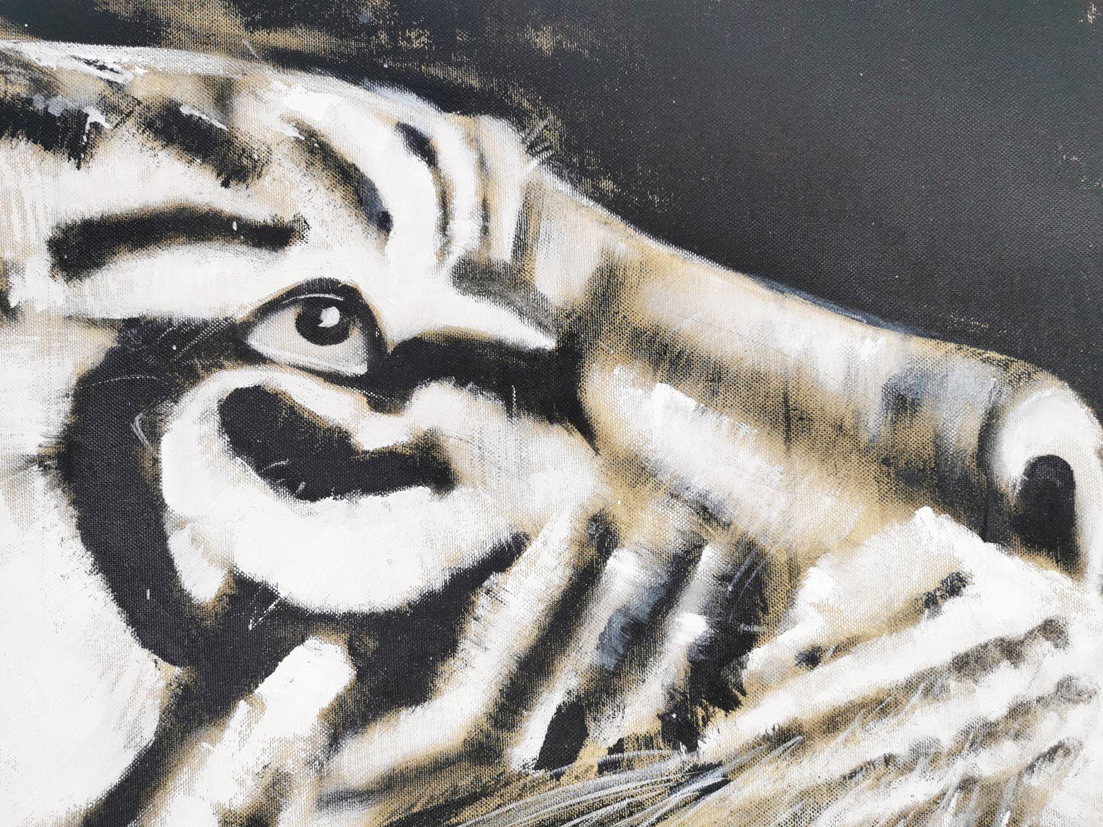 TIGER #8 is an expressive painting of a close up Tiger head.    Splashing Colors in black and white on raw canvas.  The monochrome color with the soft tone of the canvas develops has a special charm.    100 x 100 cm      â€žThe life of the last