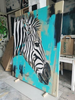 ZEBRA IN TURQUOISE, Painting, Acrylic on Canvas