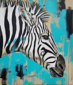 ZEBRA IN TURQUOISE, Painting, Acrylic on Canvas